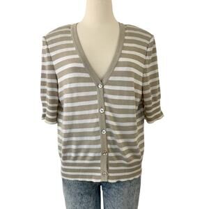 St. John Striped Short Sleeve Cardigan Sweater White/Tan Wool Blend | Size L